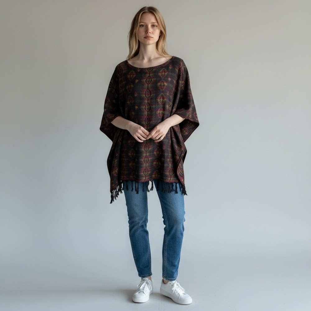 Ryan Michael Women S/M Poncho Aztec Print Tassel Fringe Cotton Knit Top